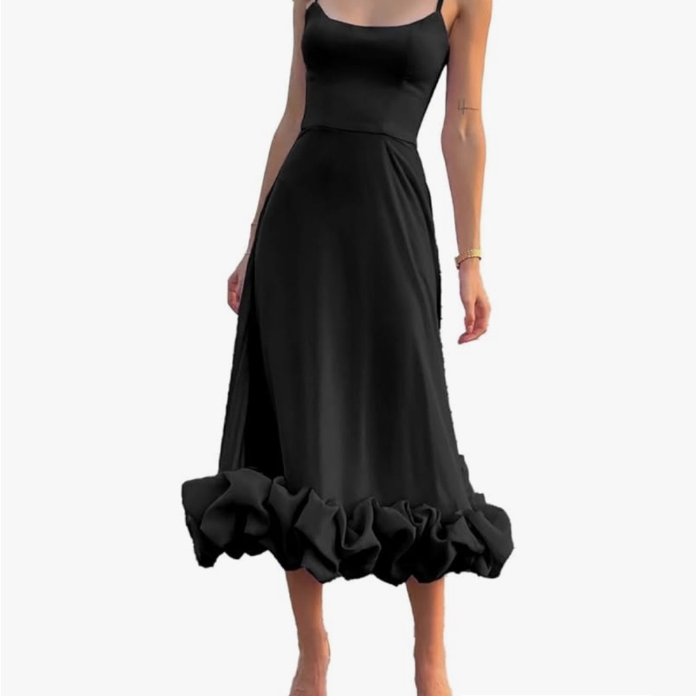 Chic Black Ruffle Hem Midi Dress
